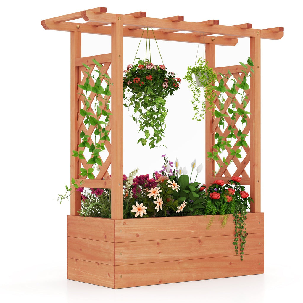 Wooden Raised Garden Bed Elevated Planter Box with Trellis and Hanging Roof