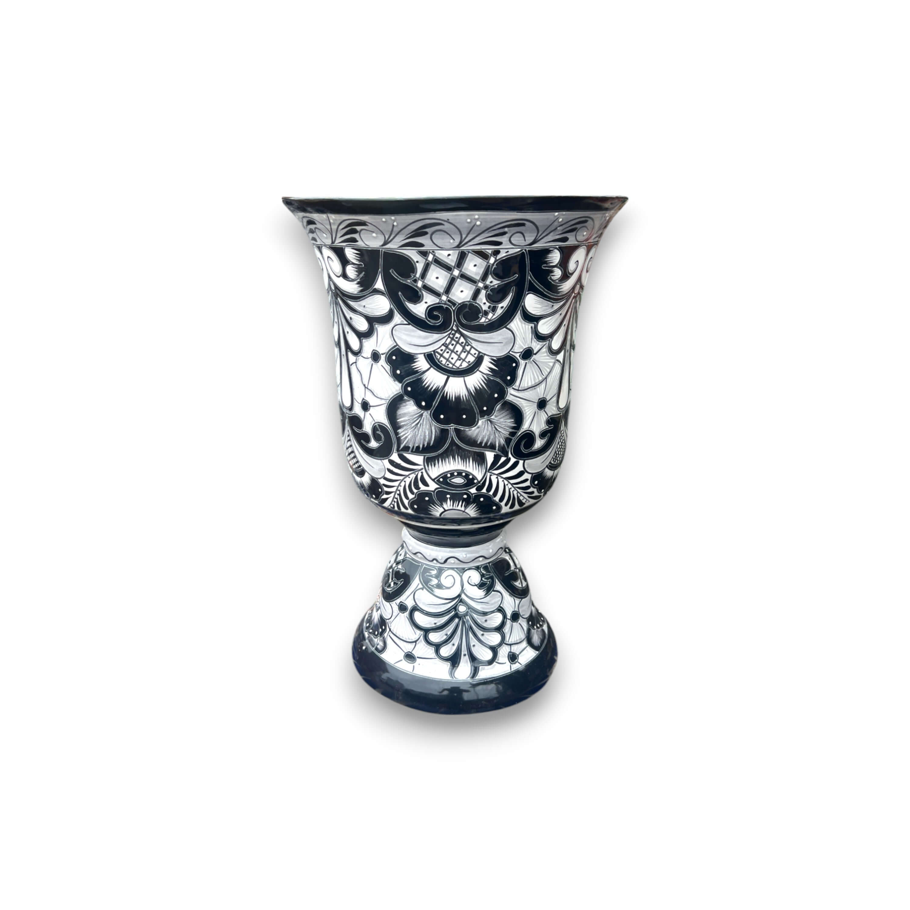XL Black Talavera Planter | Hand-Painted Pedestal Flower Pot