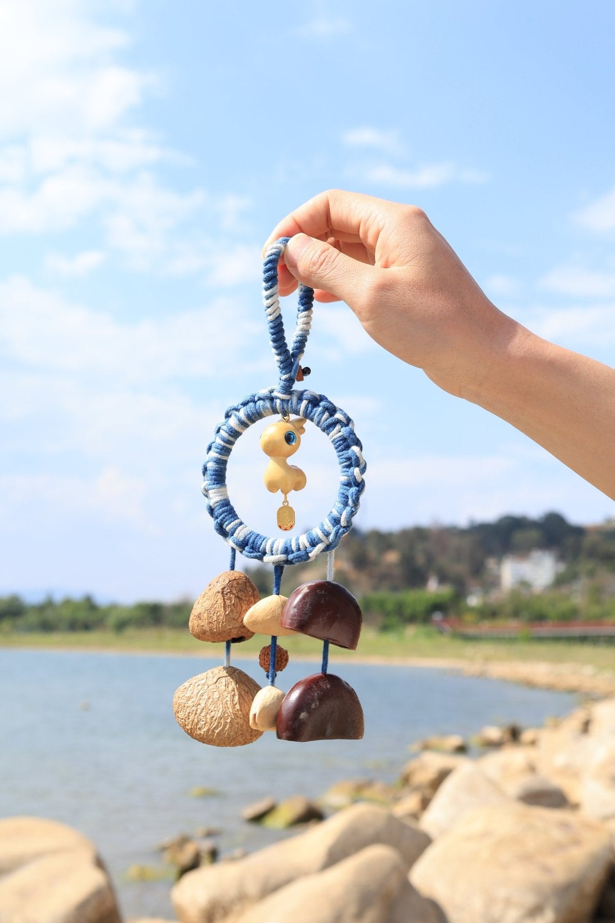 "The Azure Fawn" - Blue Woven Dreamcatcher Charm with Wooden Deer & Seed Bells