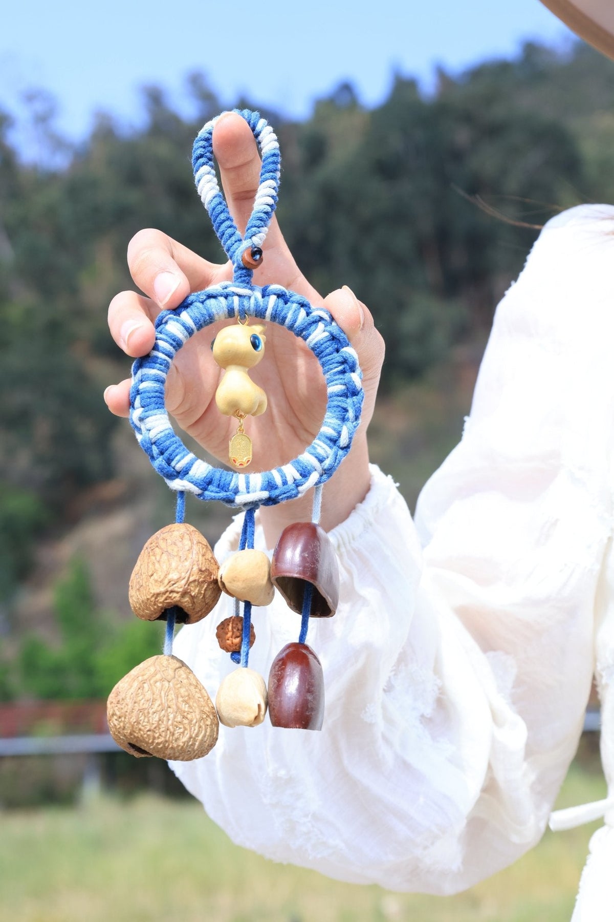 "The Azure Fawn" - Blue Woven Dreamcatcher Charm with Wooden Deer & Seed Bells