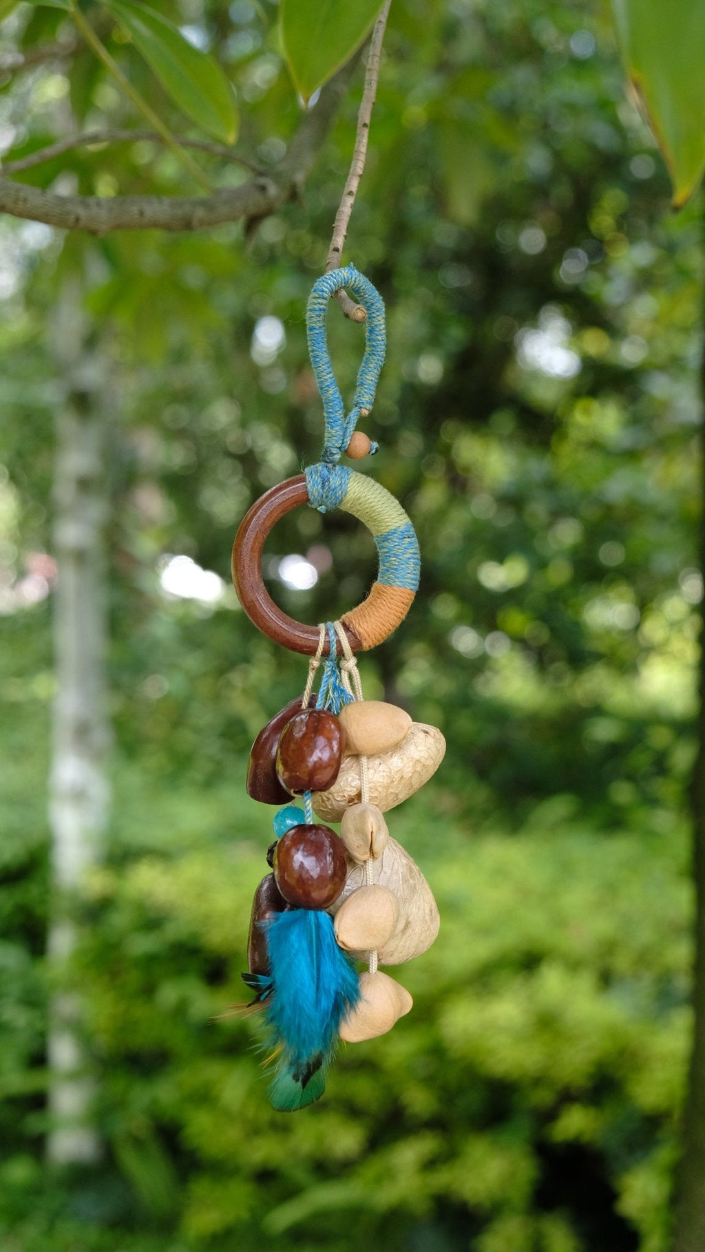 "The Azure Spirit" - Hand-Wrapped Wood Ring & Blue Feather Totem Charm