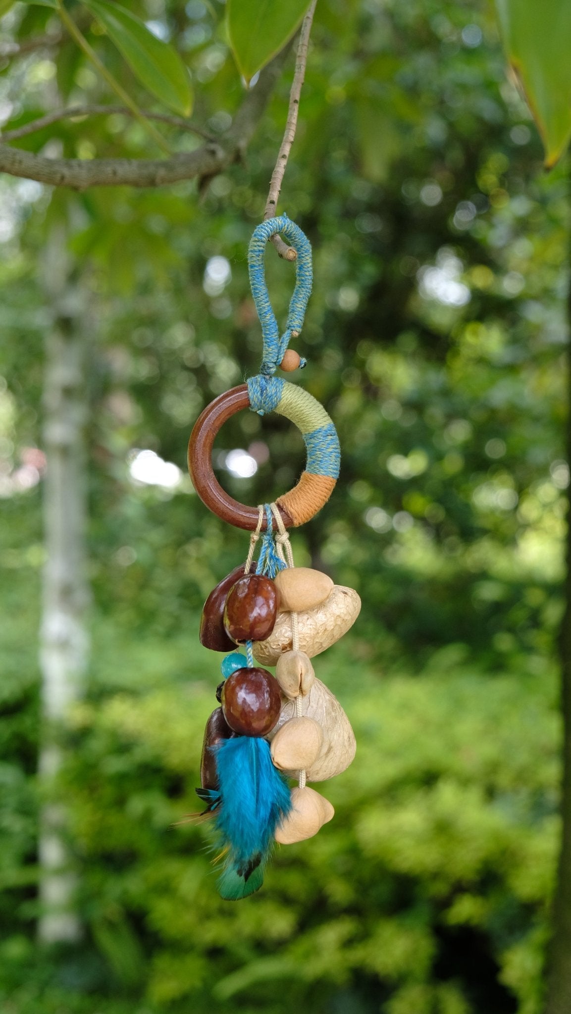 "The Azure Spirit" - Hand-Wrapped Wood Ring & Blue Feather Totem Charm